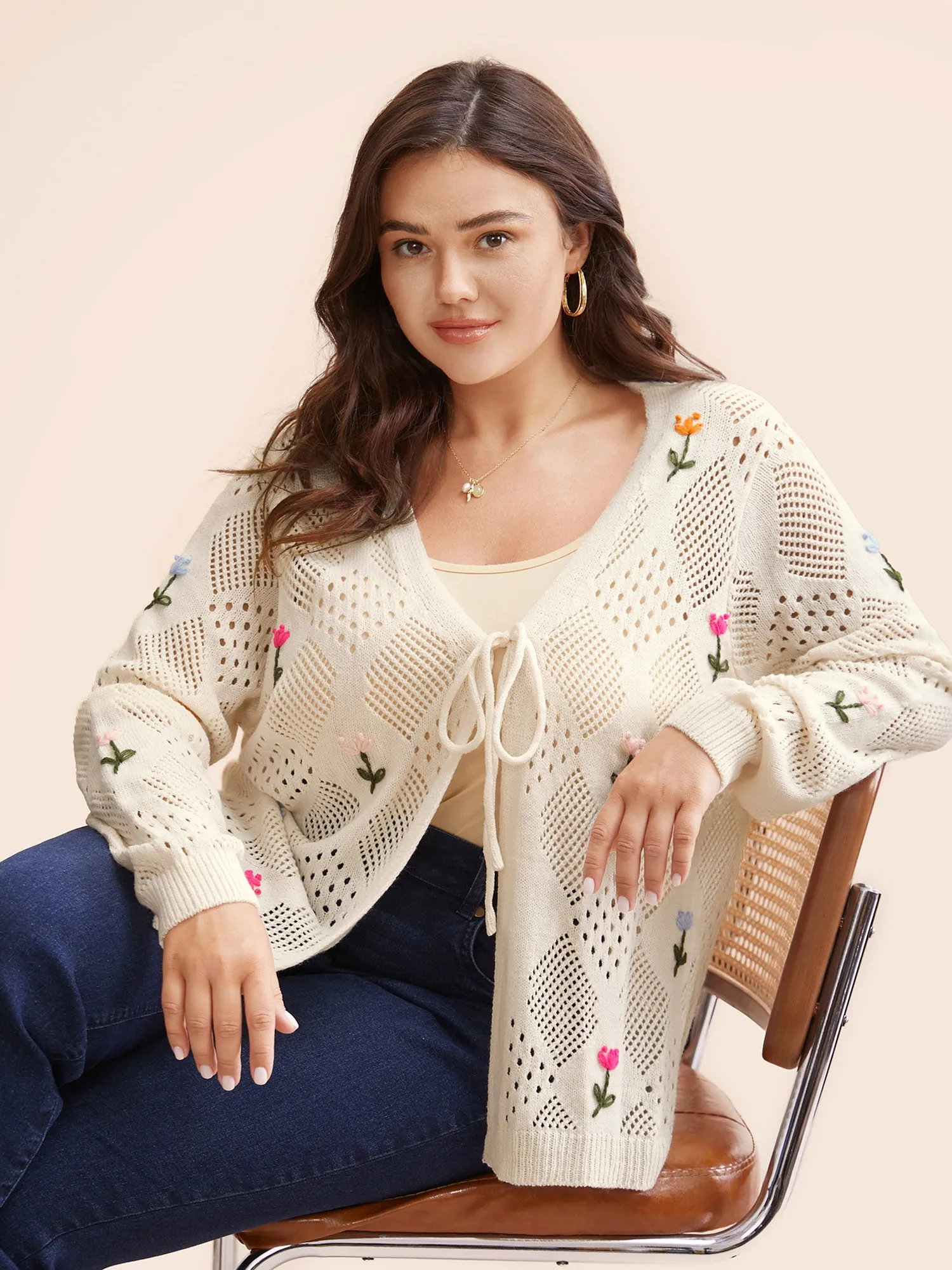 Floral Embroidered Cut Out Tie Knot Cardigan sold by Bloomchic