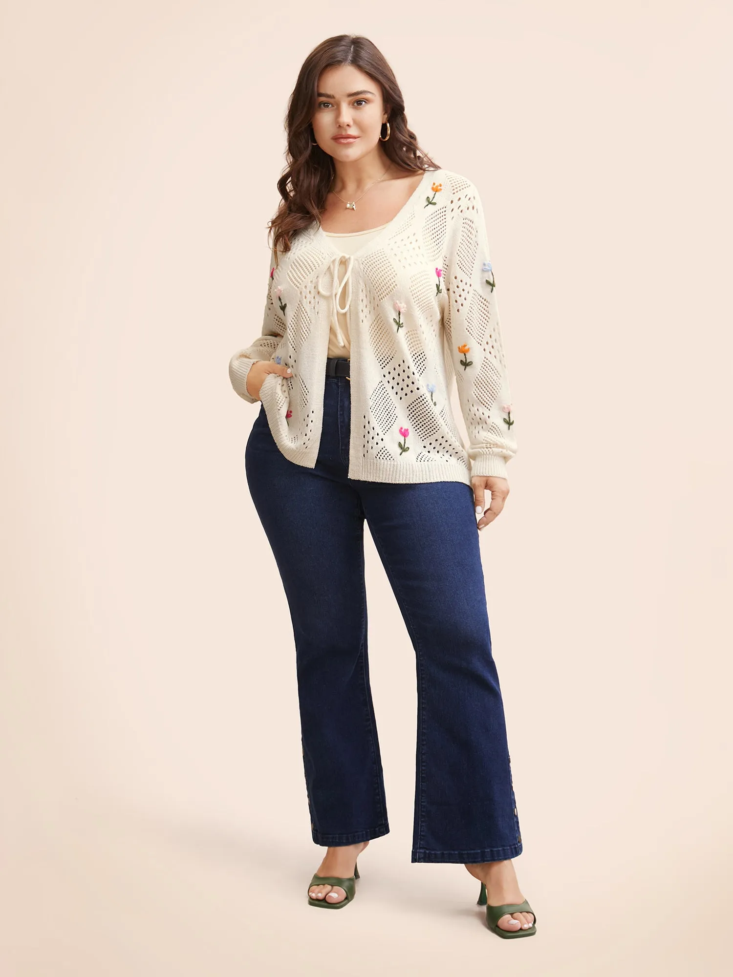 Floral Embroidered Cut Out Tie Knot Cardigan sold by Bloomchic product image thumbnail 3