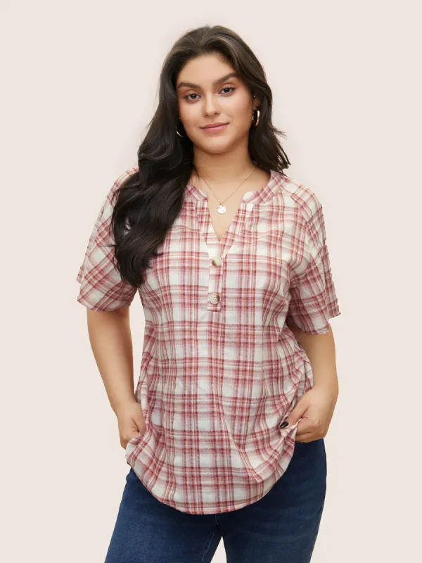Plaid Raglan Sleeve Button Detail Blouse sold by Bloomchic