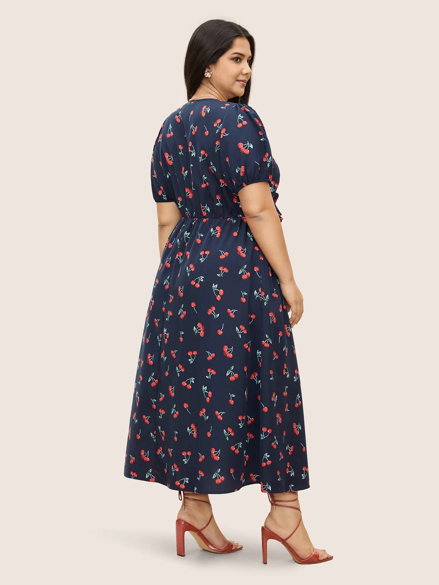 Citrus Fruit Print Tie Knot Gathered Puff Sleeve Dress sold by Bloomchic product image thumbnail 3