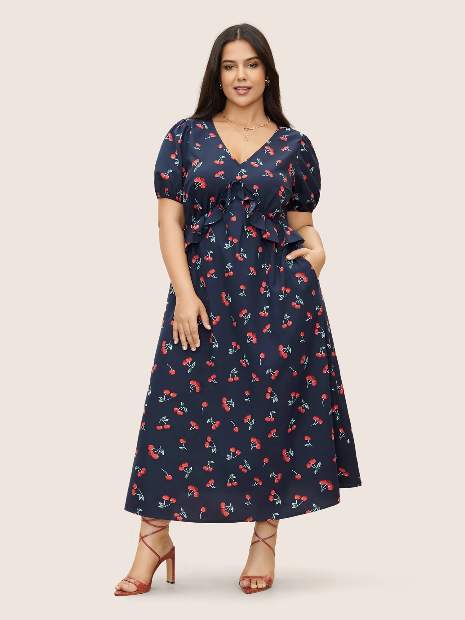 Citrus Fruit Print Tie Knot Gathered Puff Sleeve Dress sold by Bloomchic product image thumbnail 2