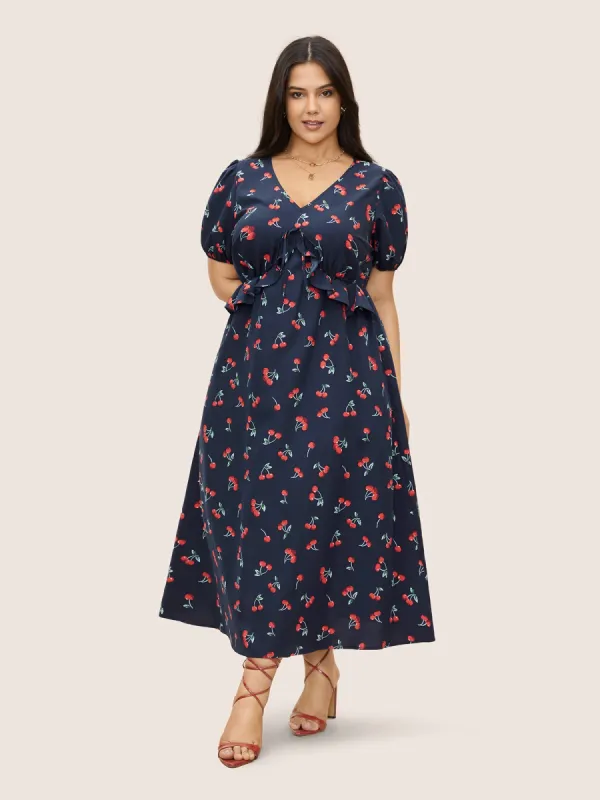 Citrus Fruit Print Tie Knot Gathered Puff Sleeve Dress sold by Bloomchic
