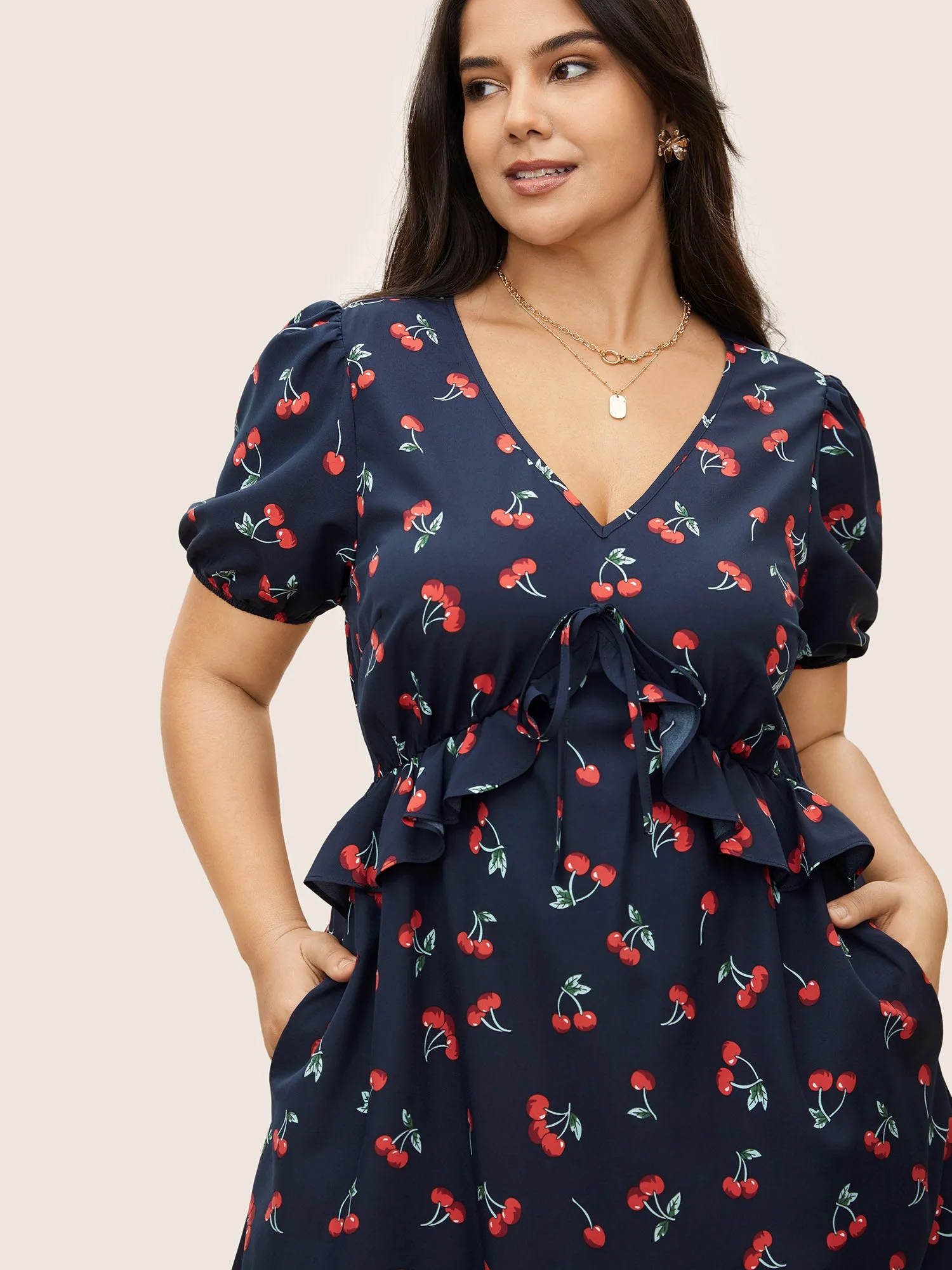 Citrus Fruit Print Tie Knot Gathered Puff Sleeve Dress sold by Bloomchic product image thumbnail 4