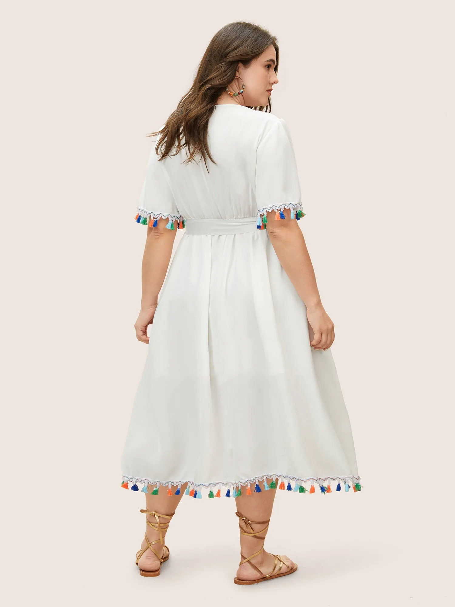 Lace Collar Woven Ribbon Colored Tassel Trim Belted Dress sold by Bloomchic product image thumbnail 3