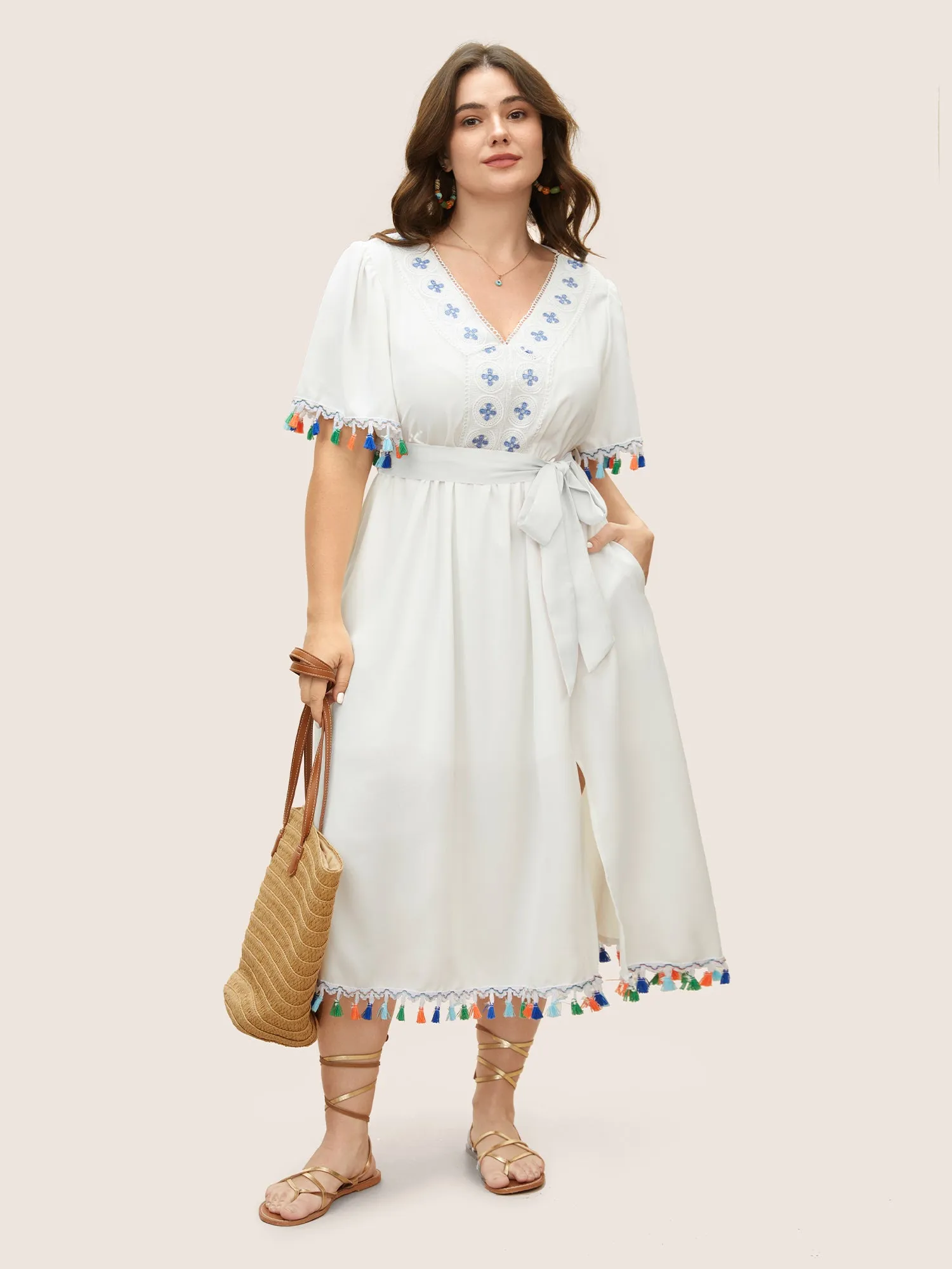 Lace Collar Woven Ribbon Colored Tassel Trim Belted Dress sold by Bloomchic product image thumbnail 2