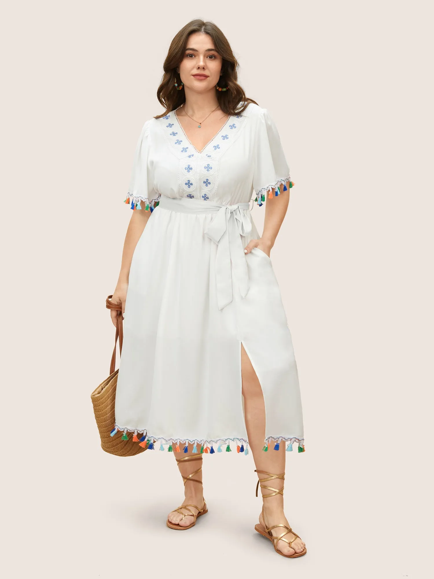 Lace Collar Woven Ribbon Colored Tassel Trim Belted Dress sold by Bloomchic