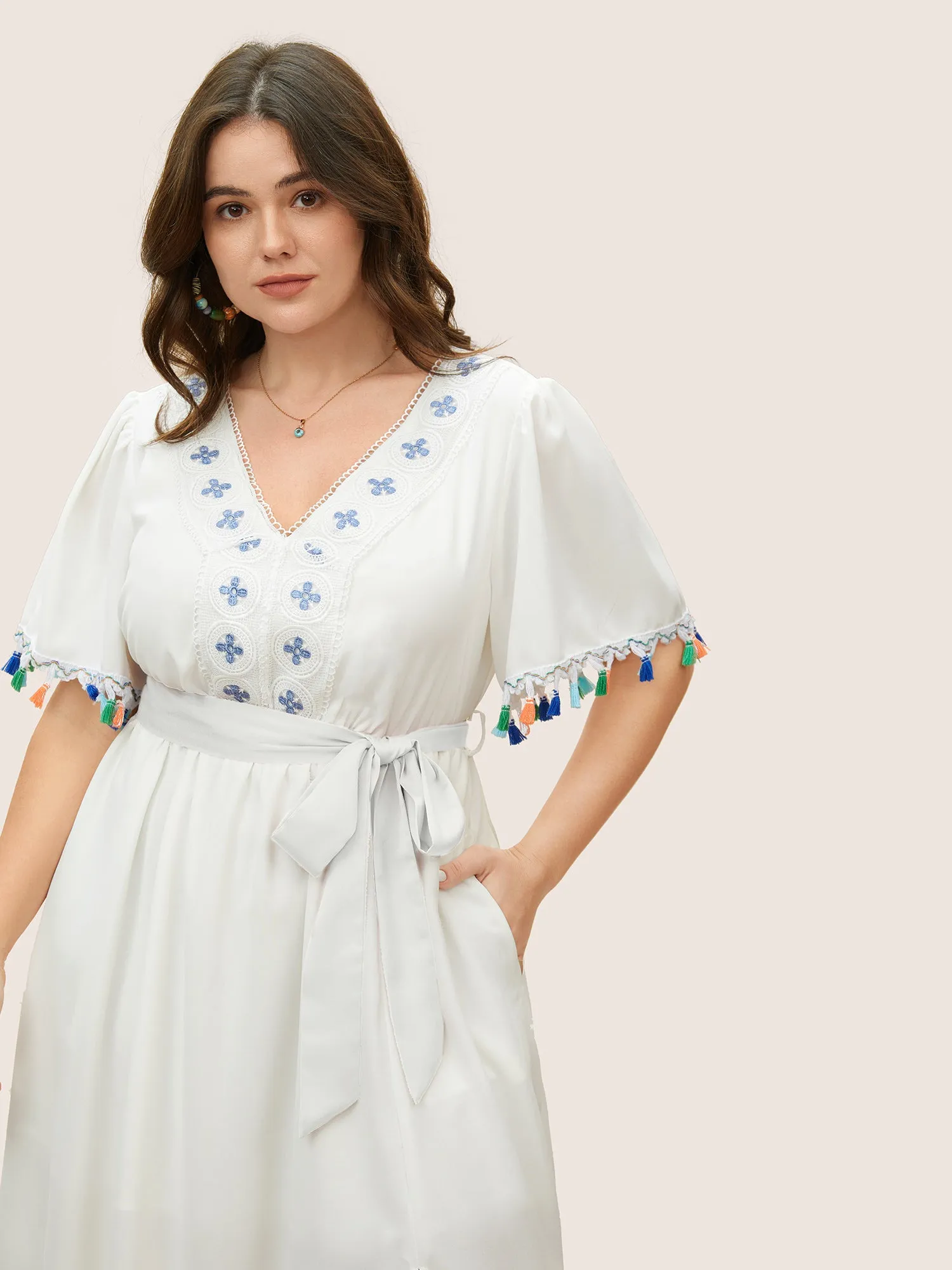 Lace Collar Woven Ribbon Colored Tassel Trim Belted Dress sold by Bloomchic product image thumbnail 4