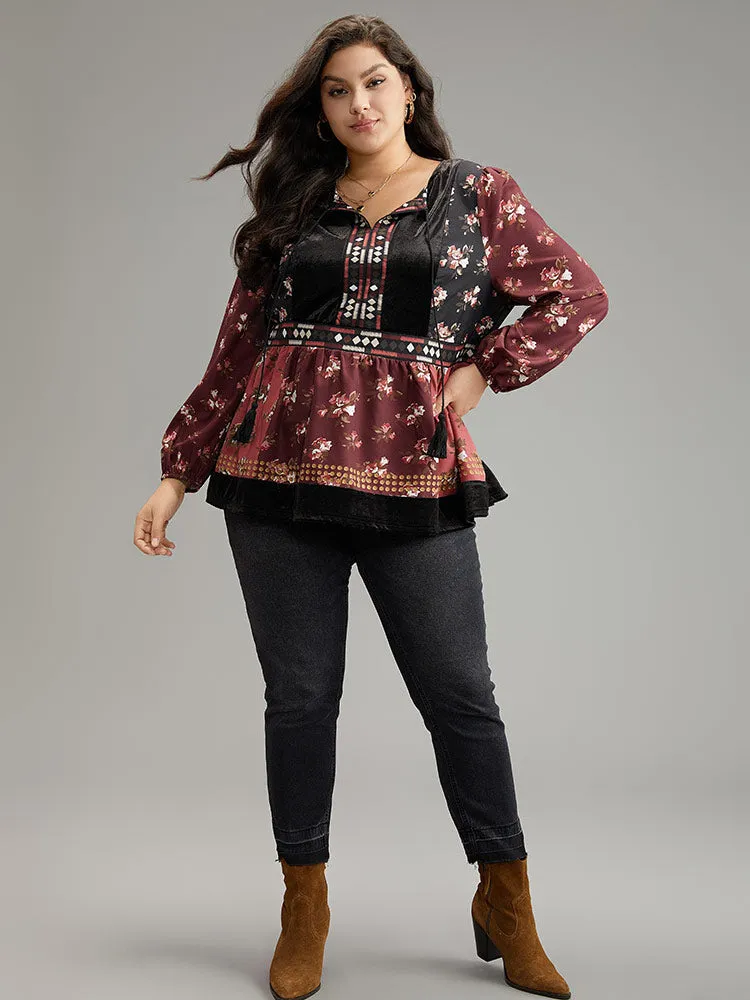 Velvet Floral Contrast Knot Neck Tassel Blouse sold by Bloomchic product image thumbnail 5