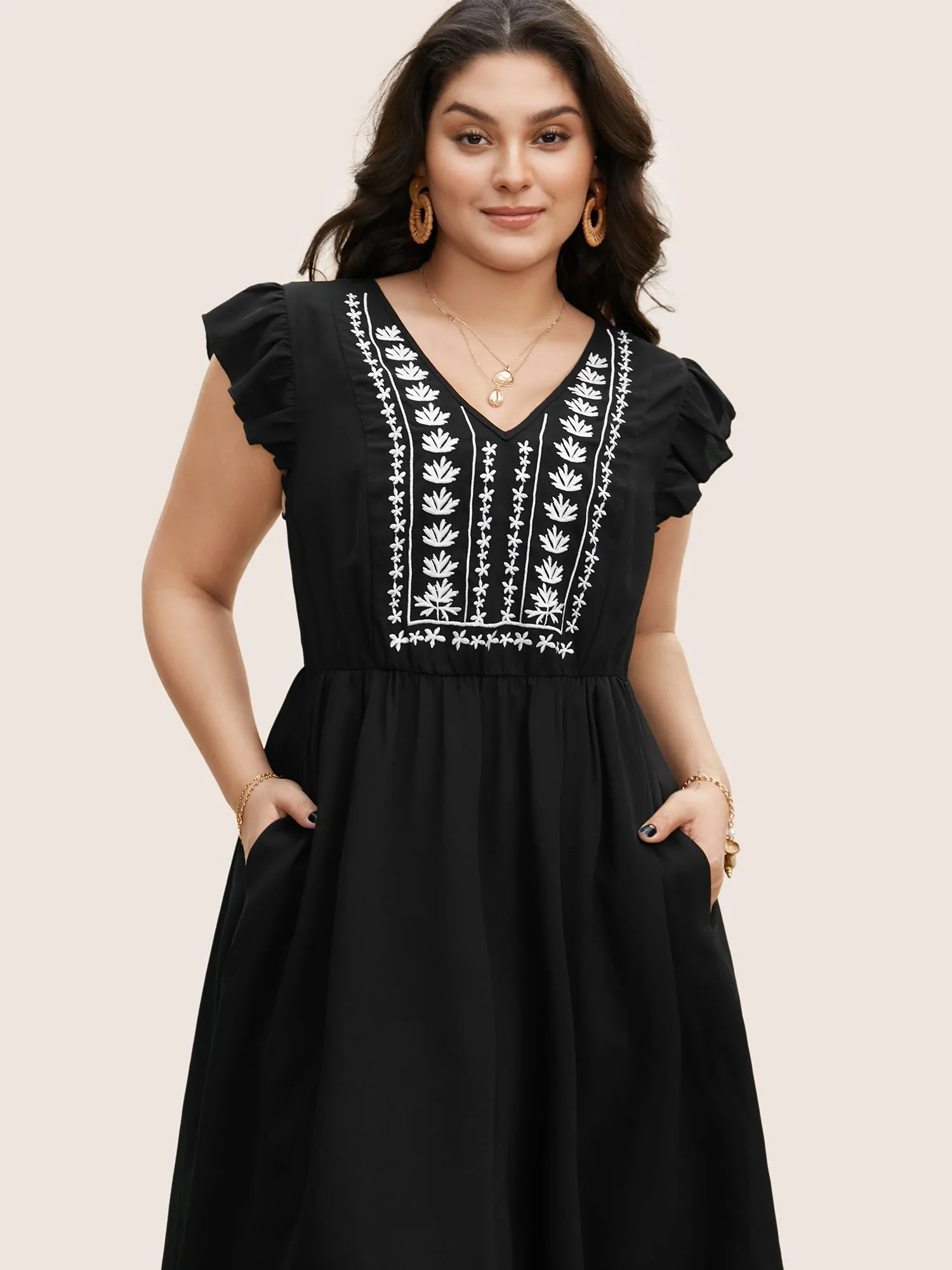 Floral Embroidered V Neck Ruffle Cap Sleeve Dress sold by Bloomchic product image thumbnail 4