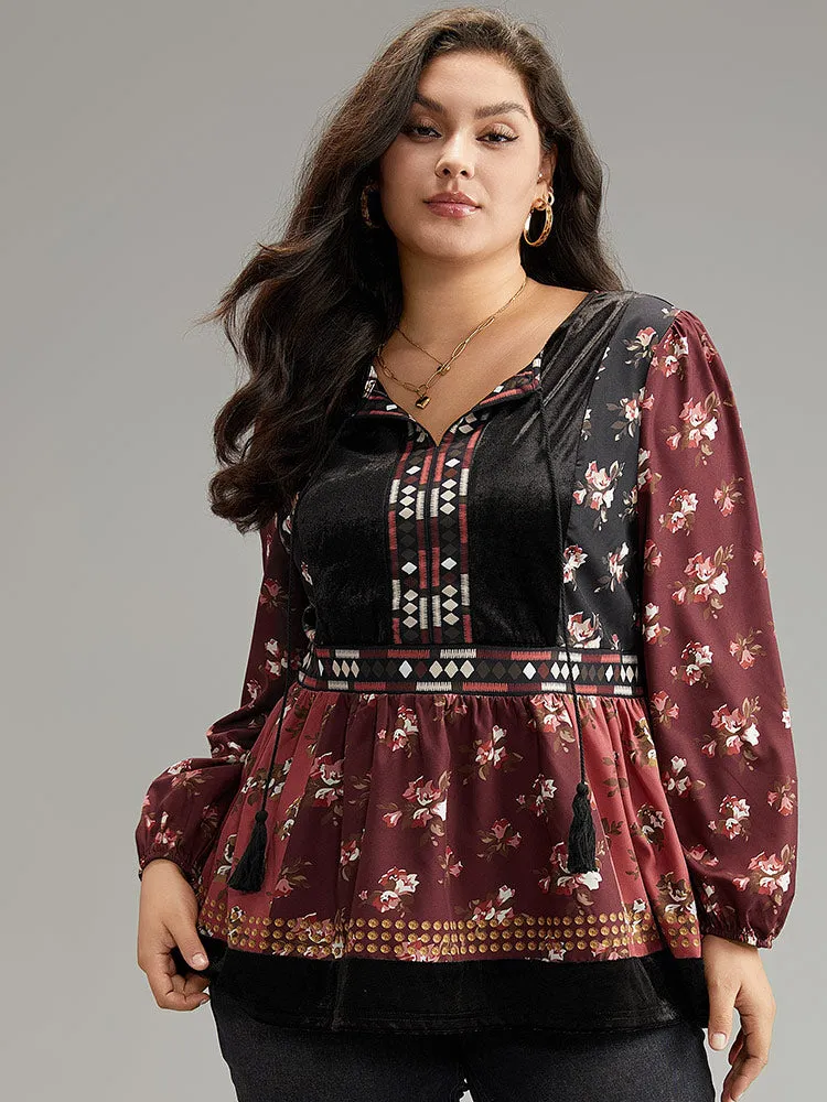 Velvet Floral Contrast Knot Neck Tassel Blouse sold by Bloomchic