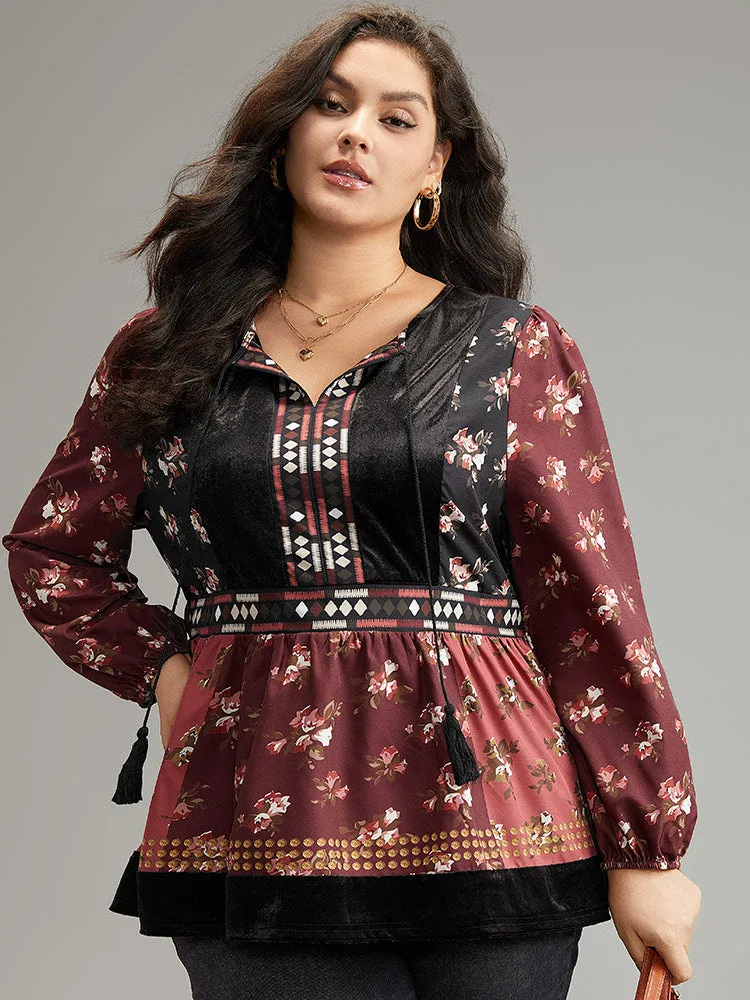 Velvet Floral Contrast Knot Neck Tassel Blouse sold by Bloomchic product image thumbnail 4