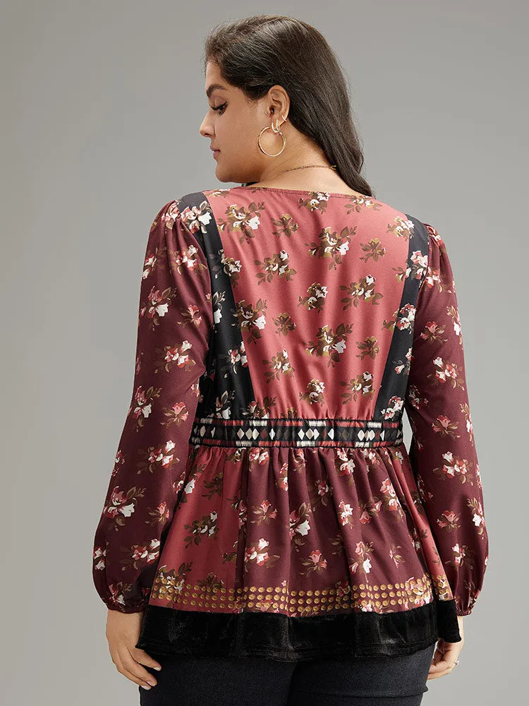 Velvet Floral Contrast Knot Neck Tassel Blouse sold by Bloomchic product image thumbnail 3