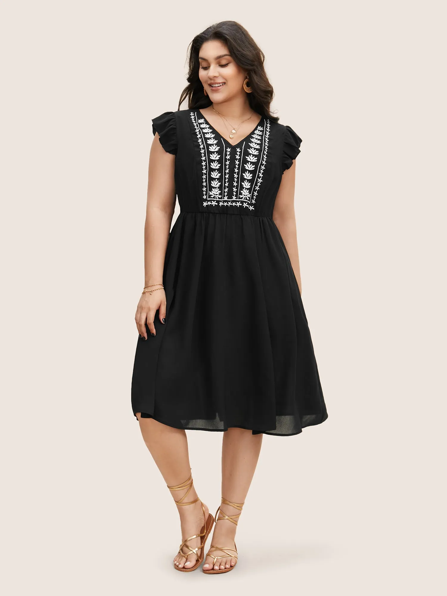 Floral Embroidered V Neck Ruffle Cap Sleeve Dress sold by Bloomchic product image thumbnail 2