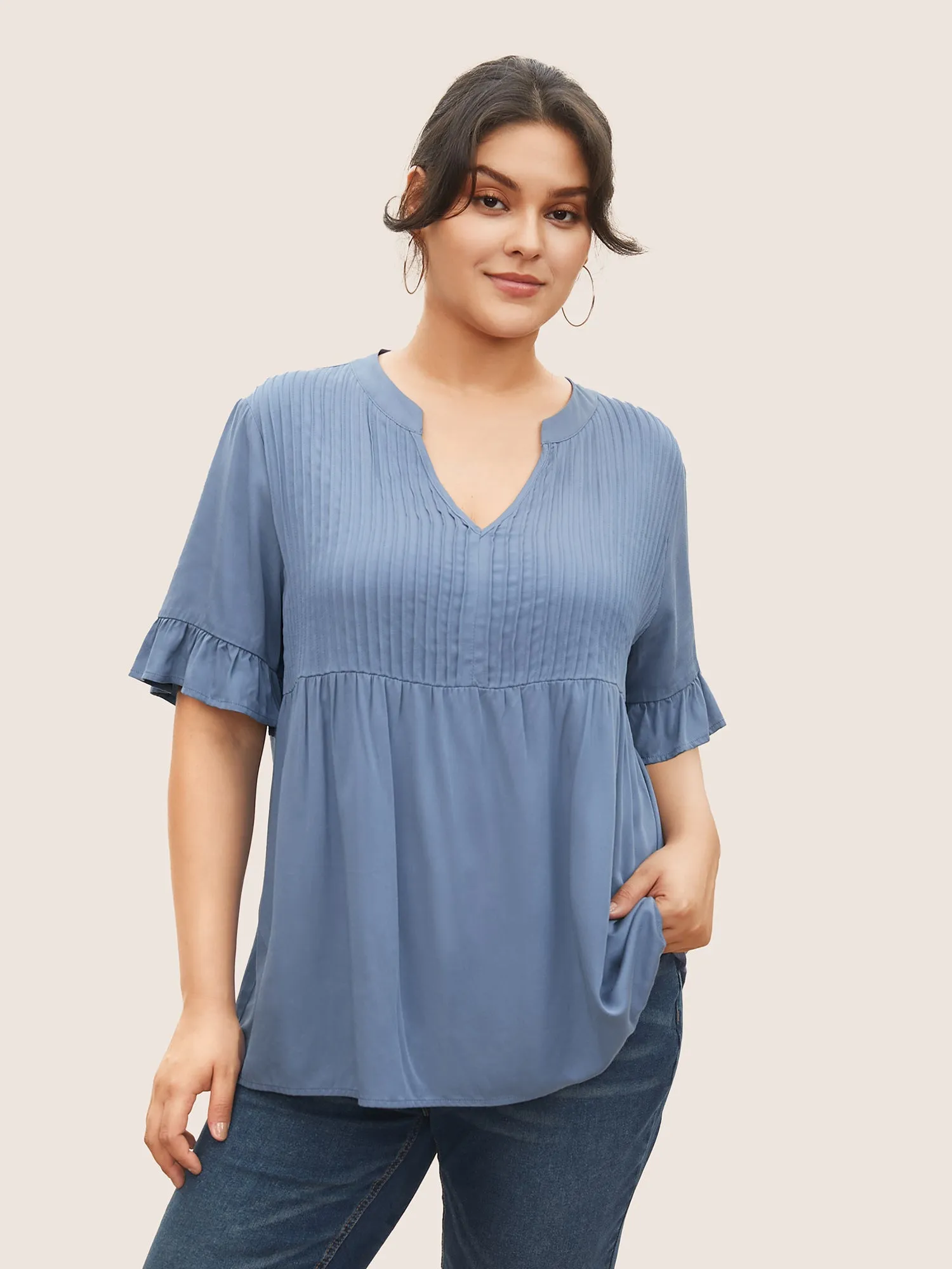 Rayon Solid Pleated Patchwork Ruffles Blouse sold by Bloomchic