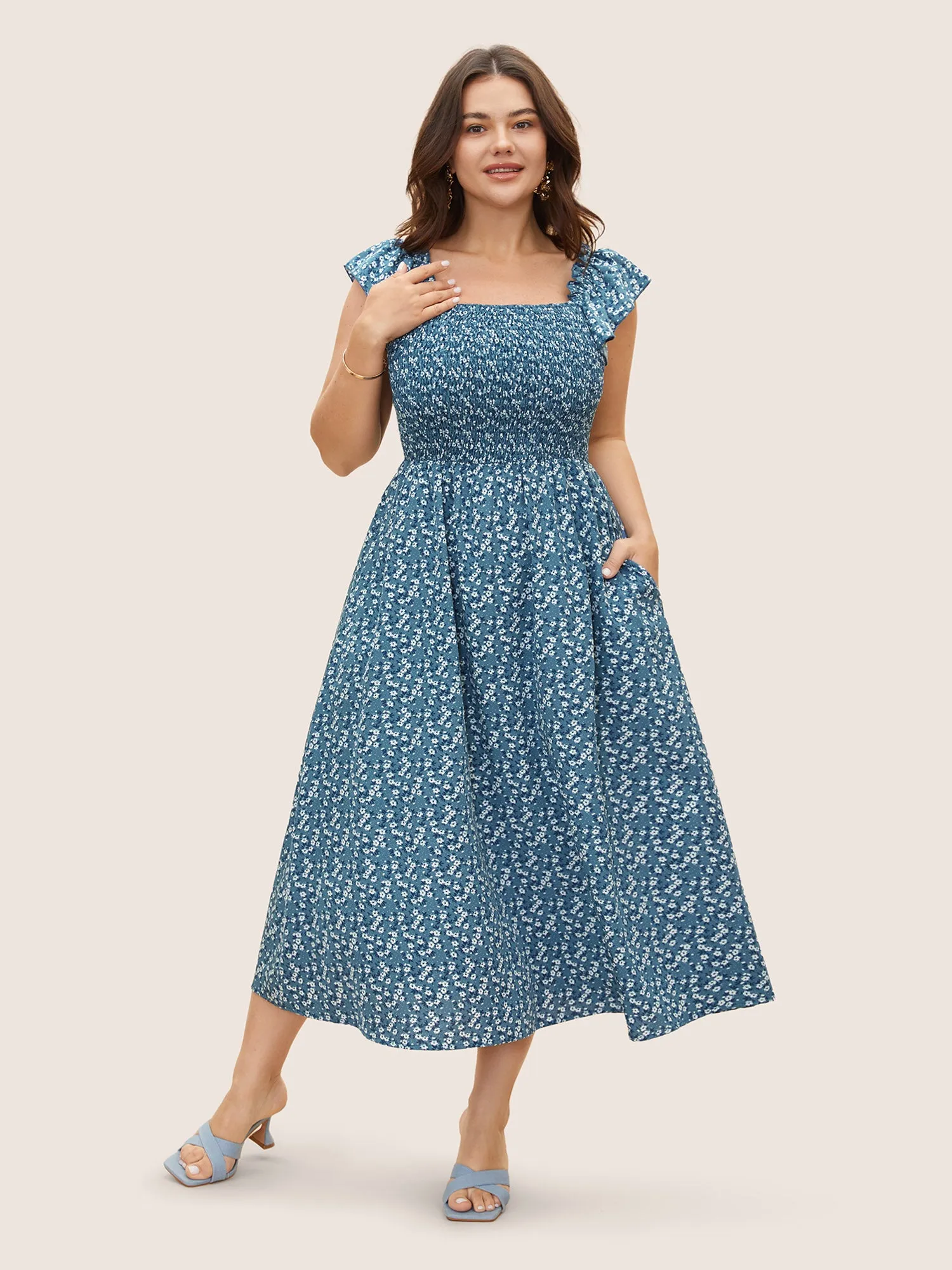 Ditsy Floral Square Neck Ruffles Shirred Midi Dress sold by Bloomchic product image thumbnail 2