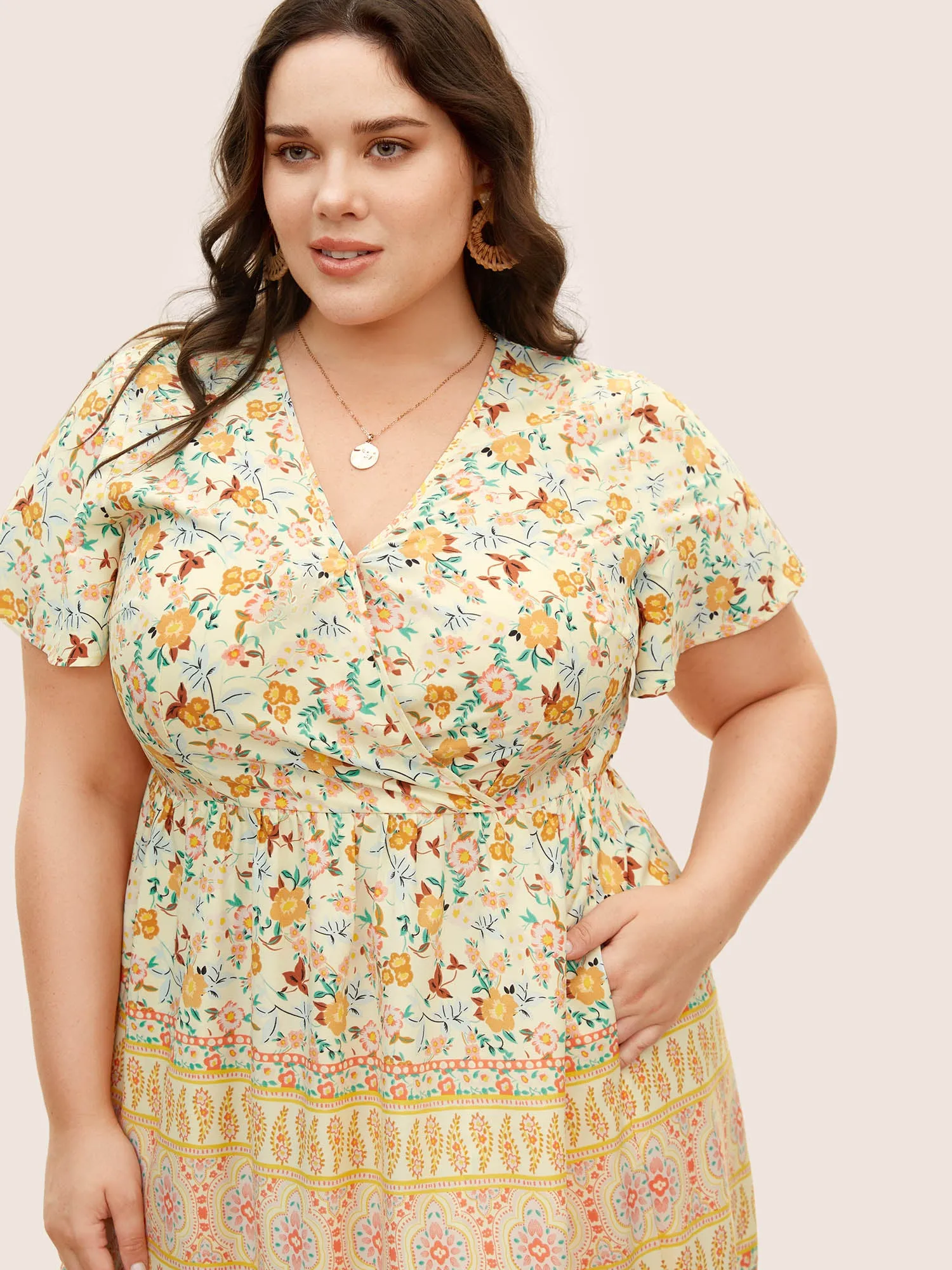 Overlap Collar Boho Print Ruffle Sleeve Dress sold by Bloomchic product image thumbnail 2