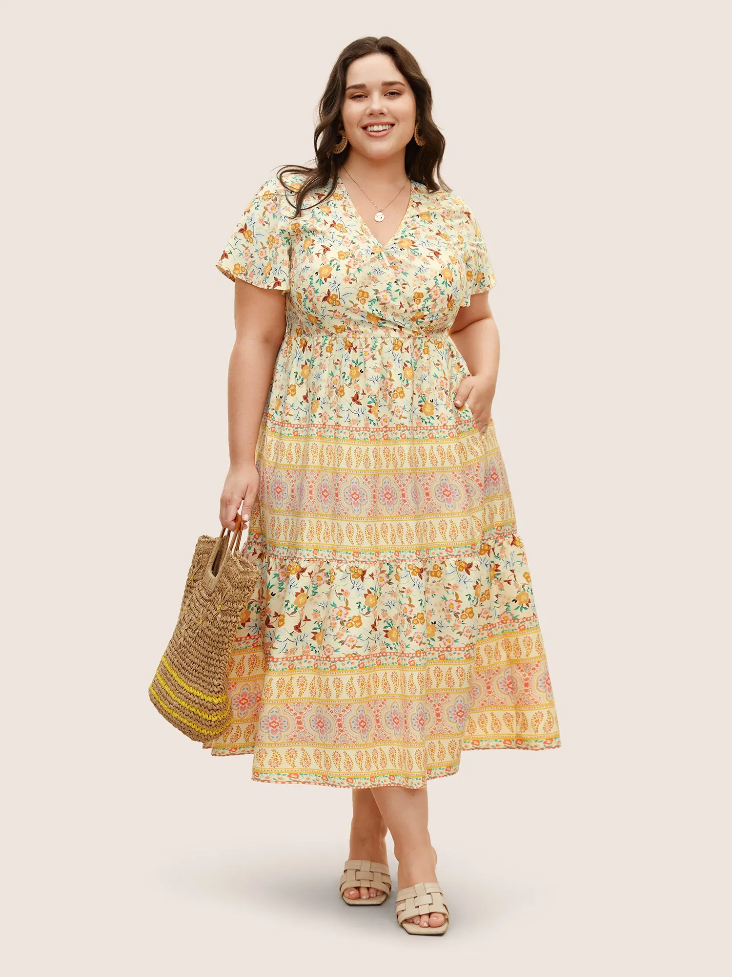 Overlap Collar Boho Print Ruffle Sleeve Dress sold by Bloomchic
