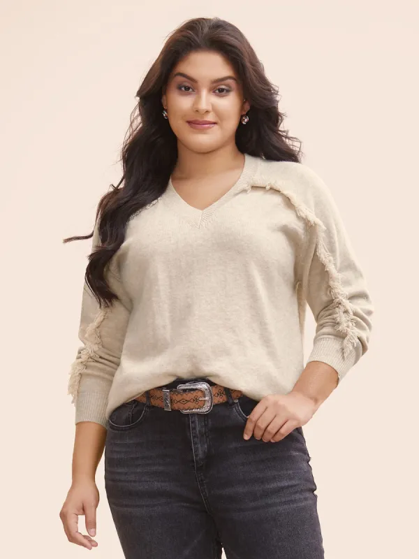 V Neck Raglan Sleeve Fuzzy Trim Pullover sold by Bloomchic