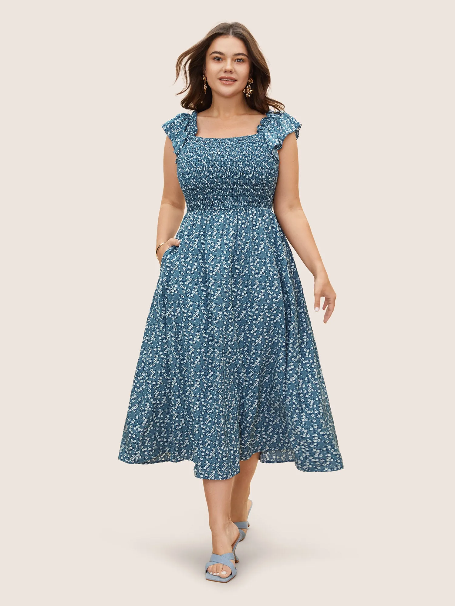Ditsy Floral Square Neck Ruffles Shirred Midi Dress sold by Bloomchic