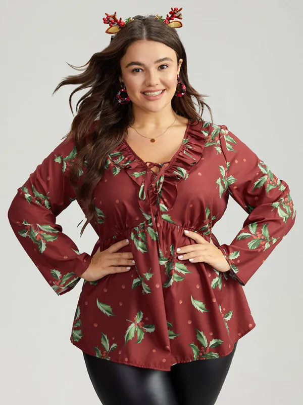 Plants Print Knot Neck Flutter Trim Blouse sold by Bloomchic