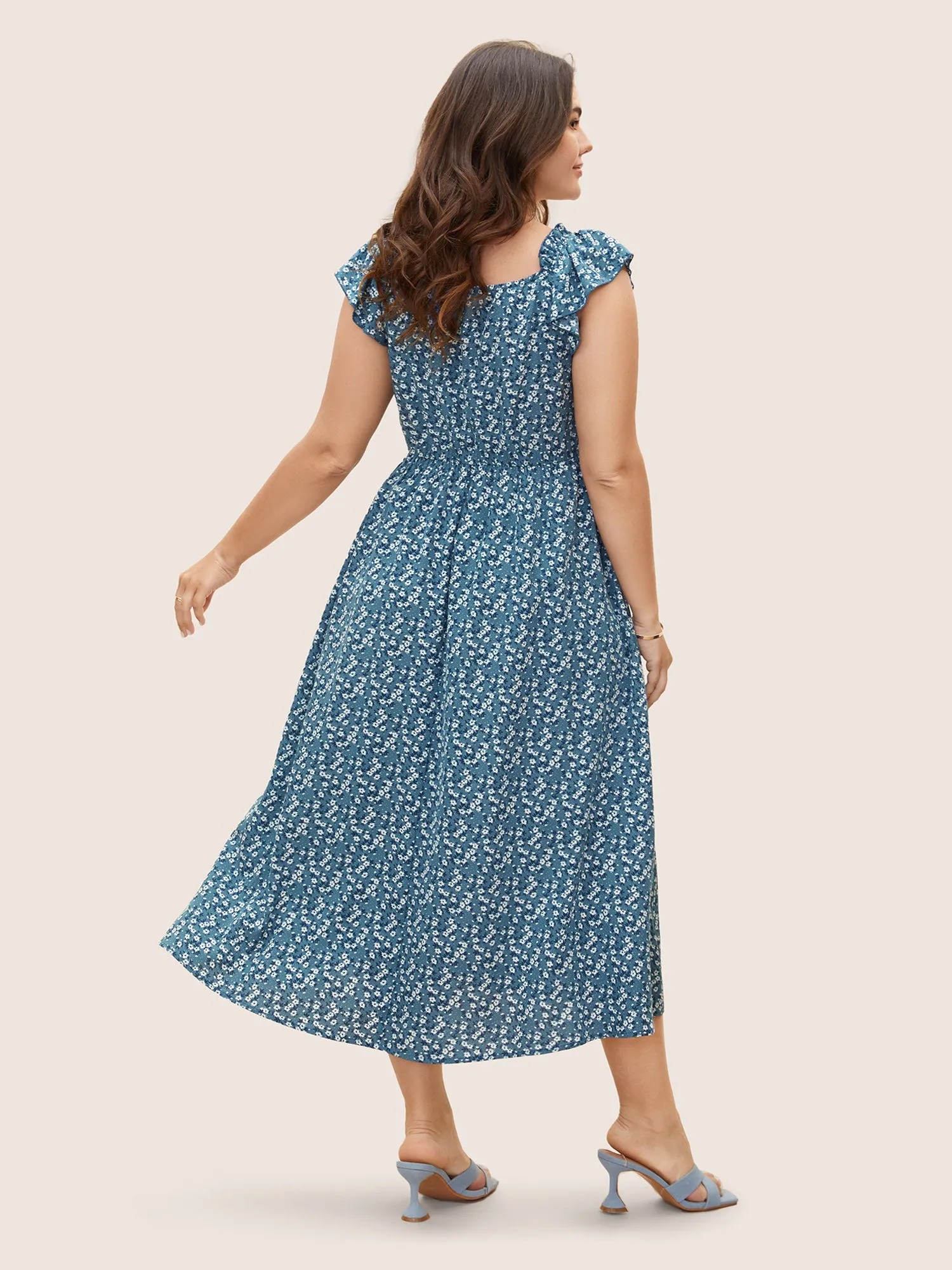 Ditsy Floral Square Neck Ruffles Shirred Midi Dress sold by Bloomchic product image thumbnail 3