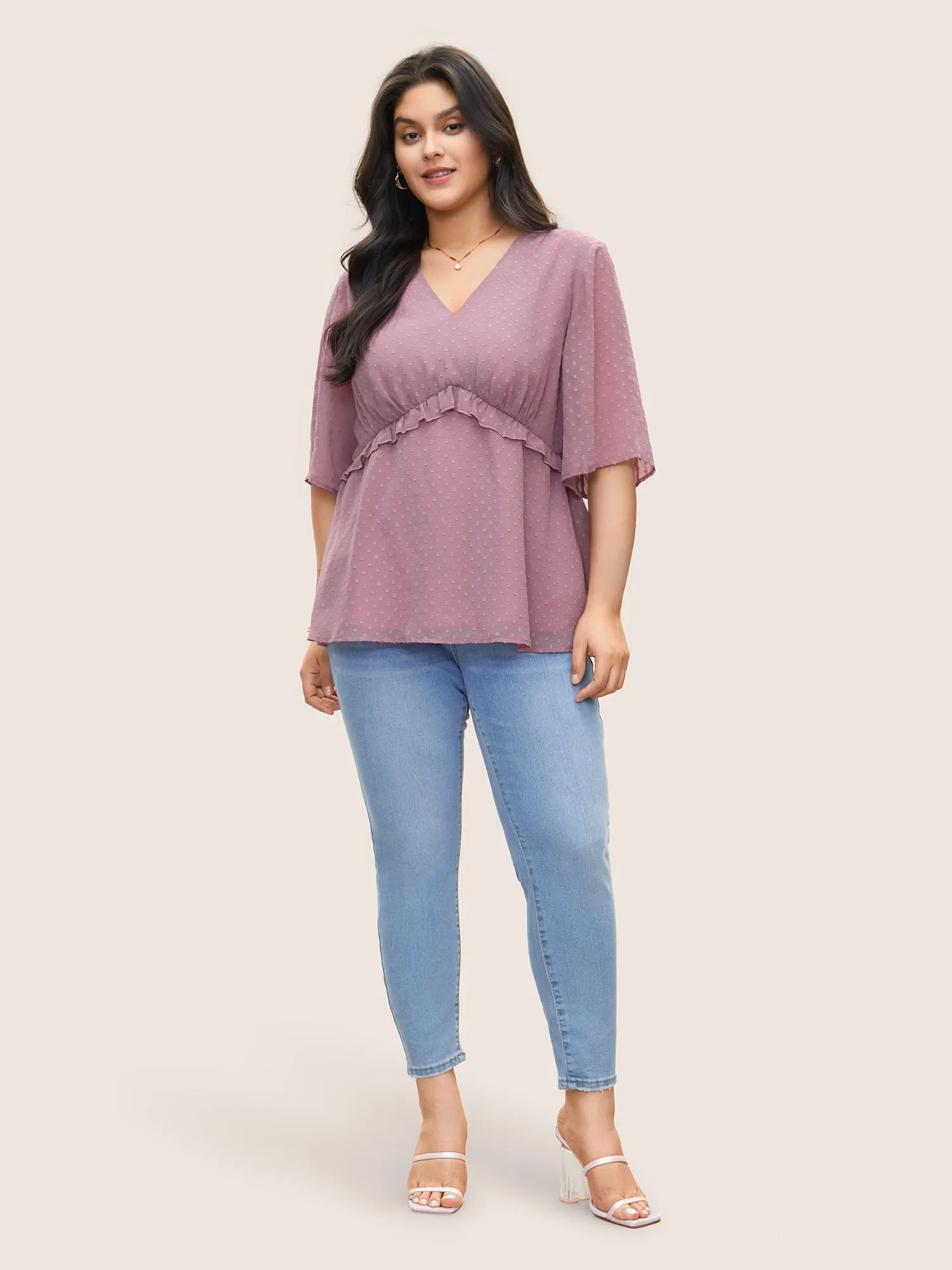 Chiffon Mesh Texture Polka Dot Frill Trim Blouse sold by Bloomchic product image thumbnail 2