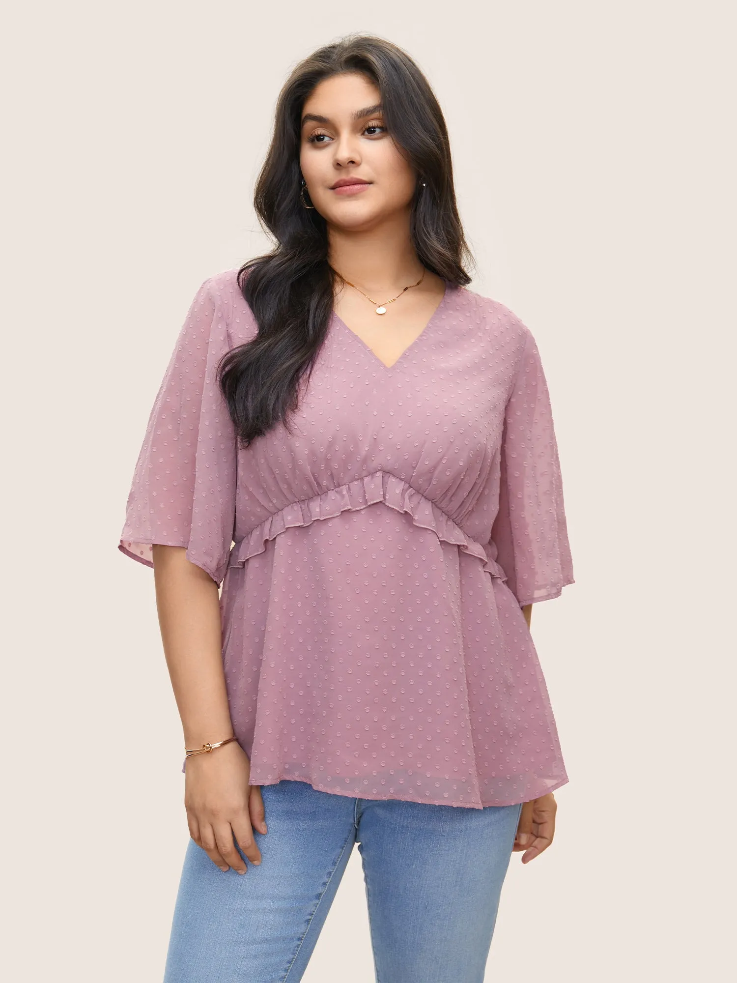 Chiffon Mesh Texture Polka Dot Frill Trim Blouse sold by Bloomchic