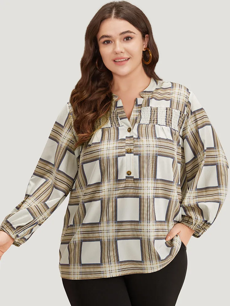 Plaid Shirred Notched Button Up Blouse sold by Bloomchic