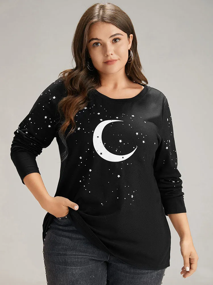 Moon & Star Print Contrast T-shirt sold by Bloomchic