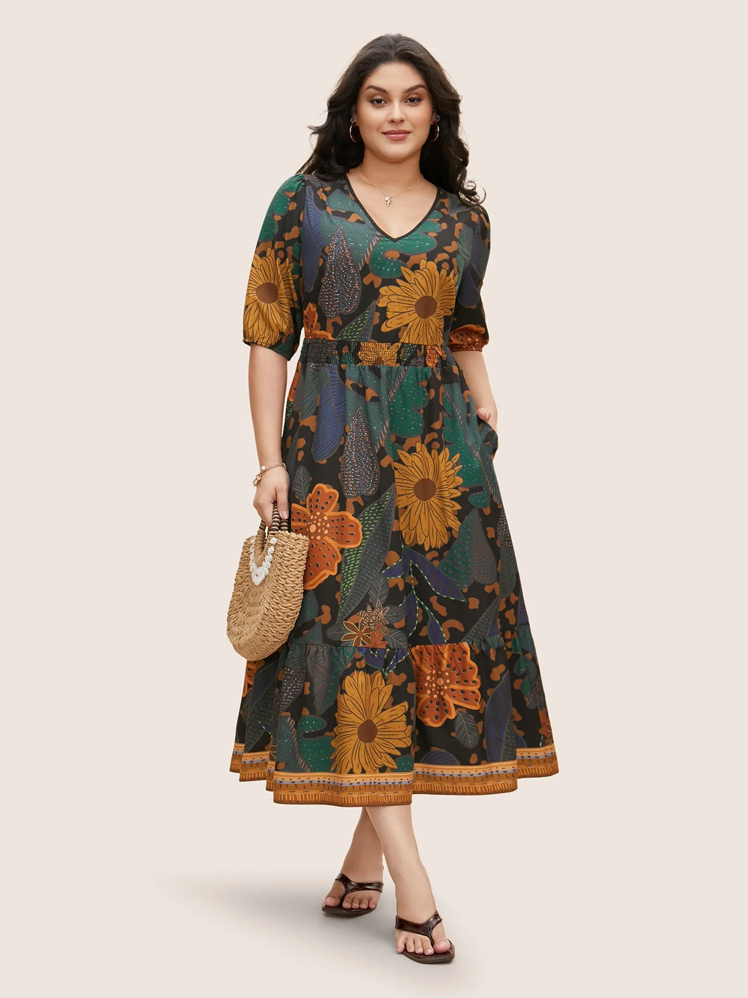 Floral Shirred Lantern Sleeve Midi Dress sold by Bloomchic