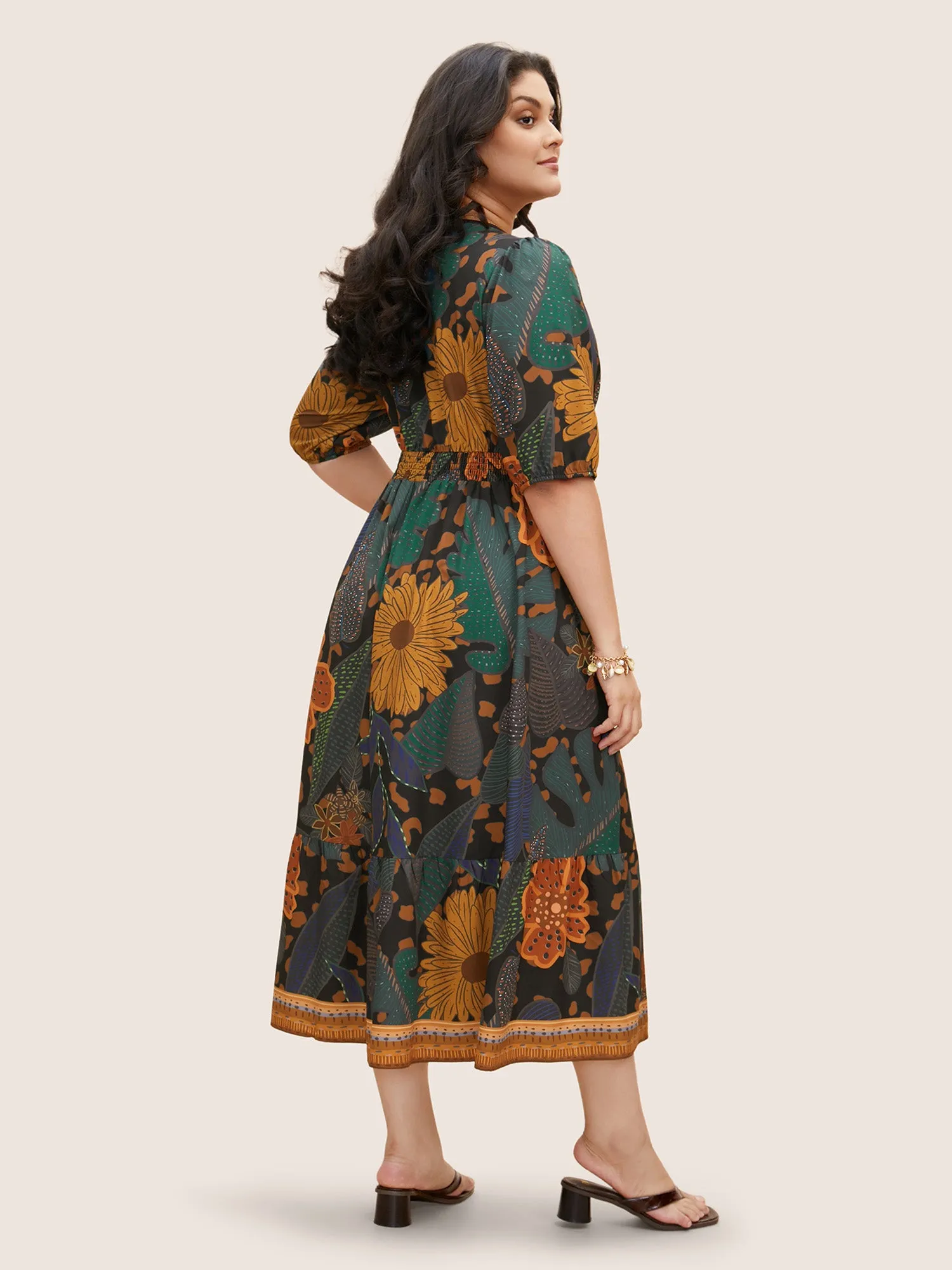 Floral Shirred Lantern Sleeve Midi Dress sold by Bloomchic product image thumbnail 3