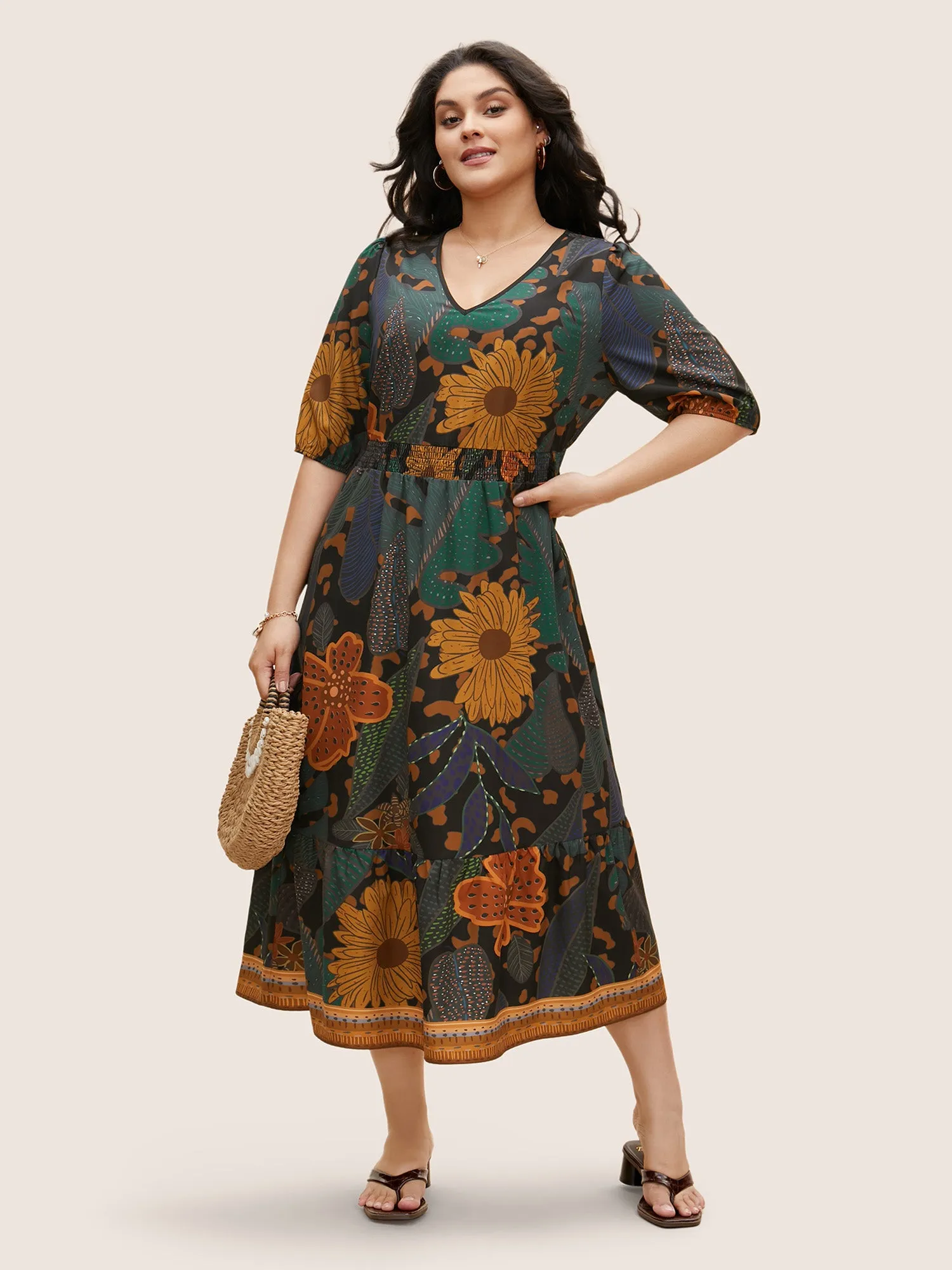 Floral Shirred Lantern Sleeve Midi Dress sold by Bloomchic product image thumbnail 2