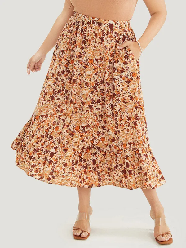 Plant Print Pocket Elastic Waist Ruffle Hem Skirt sold by Bloomchic