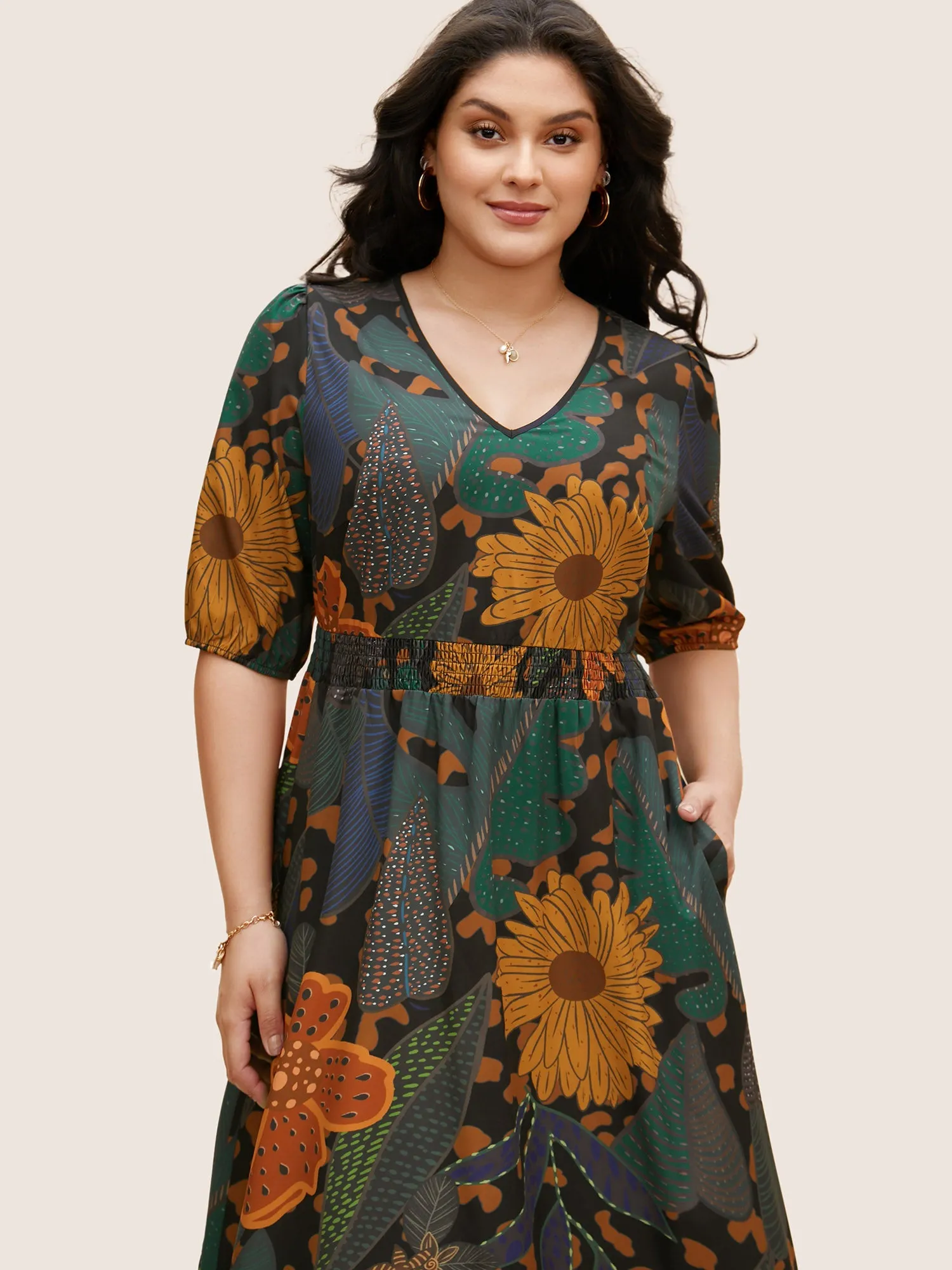 Floral Shirred Lantern Sleeve Midi Dress sold by Bloomchic product image thumbnail 4