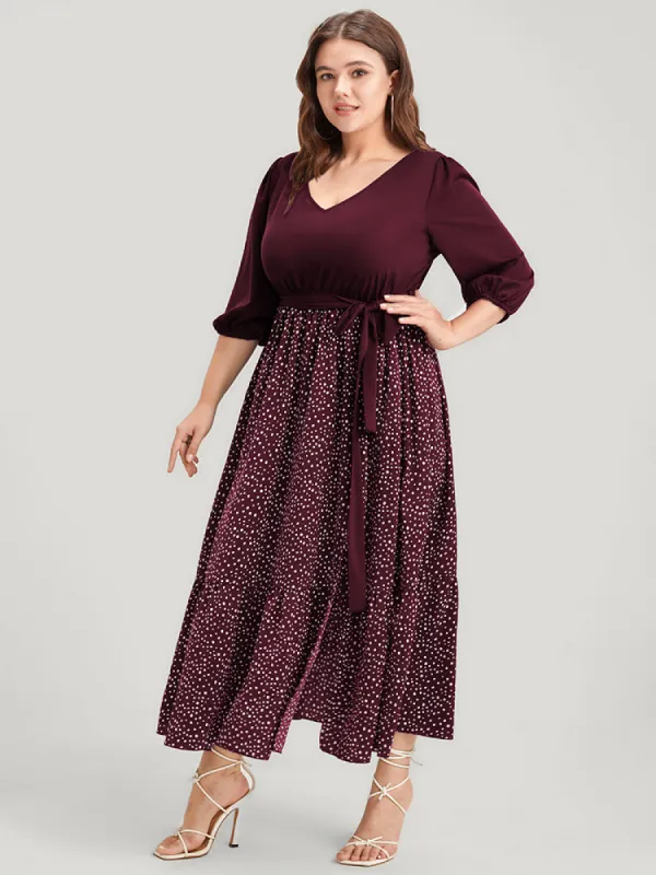 Polka Dot Split Lantern Sleeve Pocket Flutter Belted Dress sold by Bloomchic