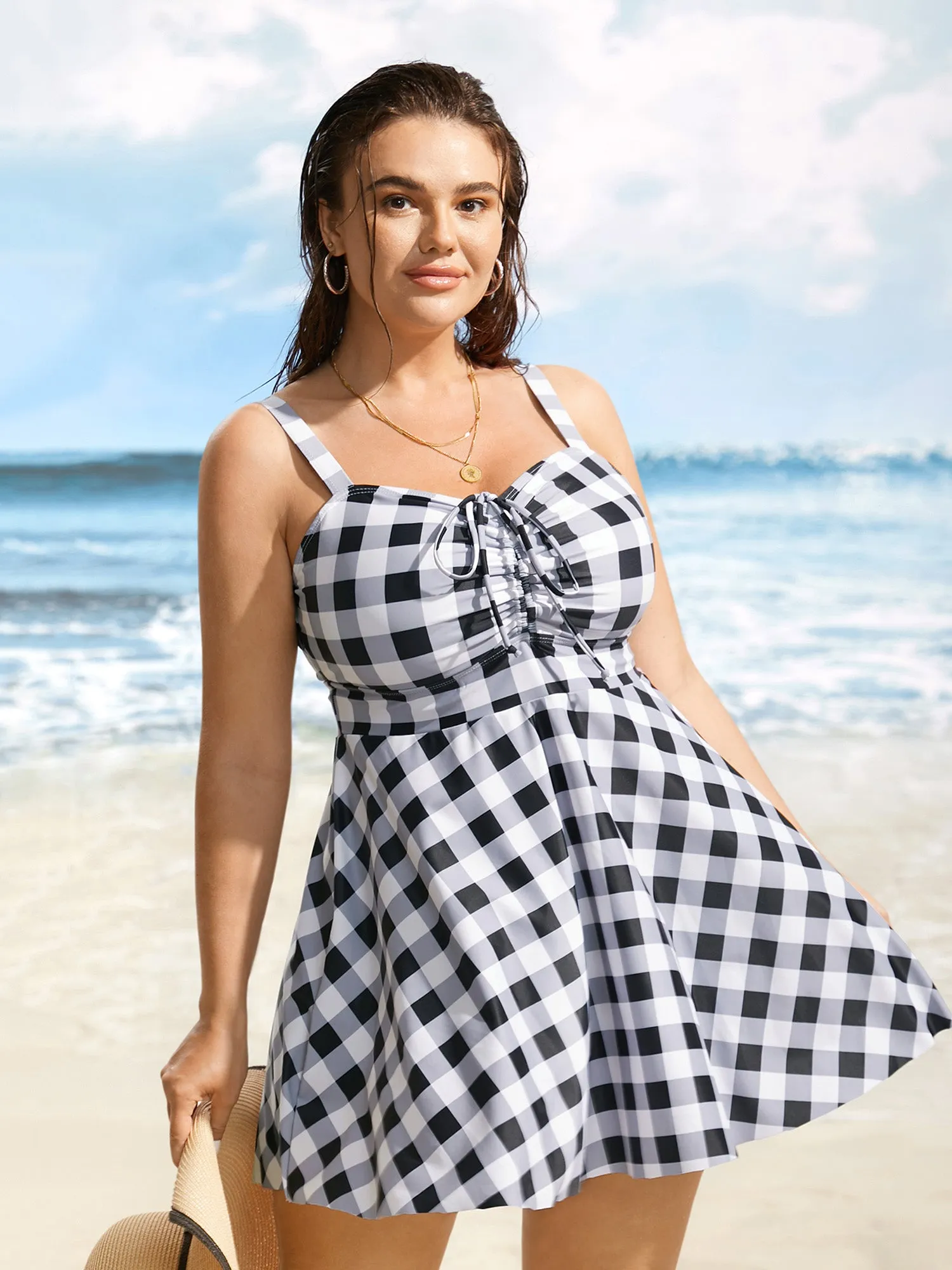 Plaid Heart Neckline Drawstring Ruched Swim Dress sold by Bloomchic