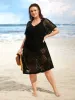 Geometric Cut Out Drawstring Dolman Sleeve Swim Cover Up sold by Bloomchic