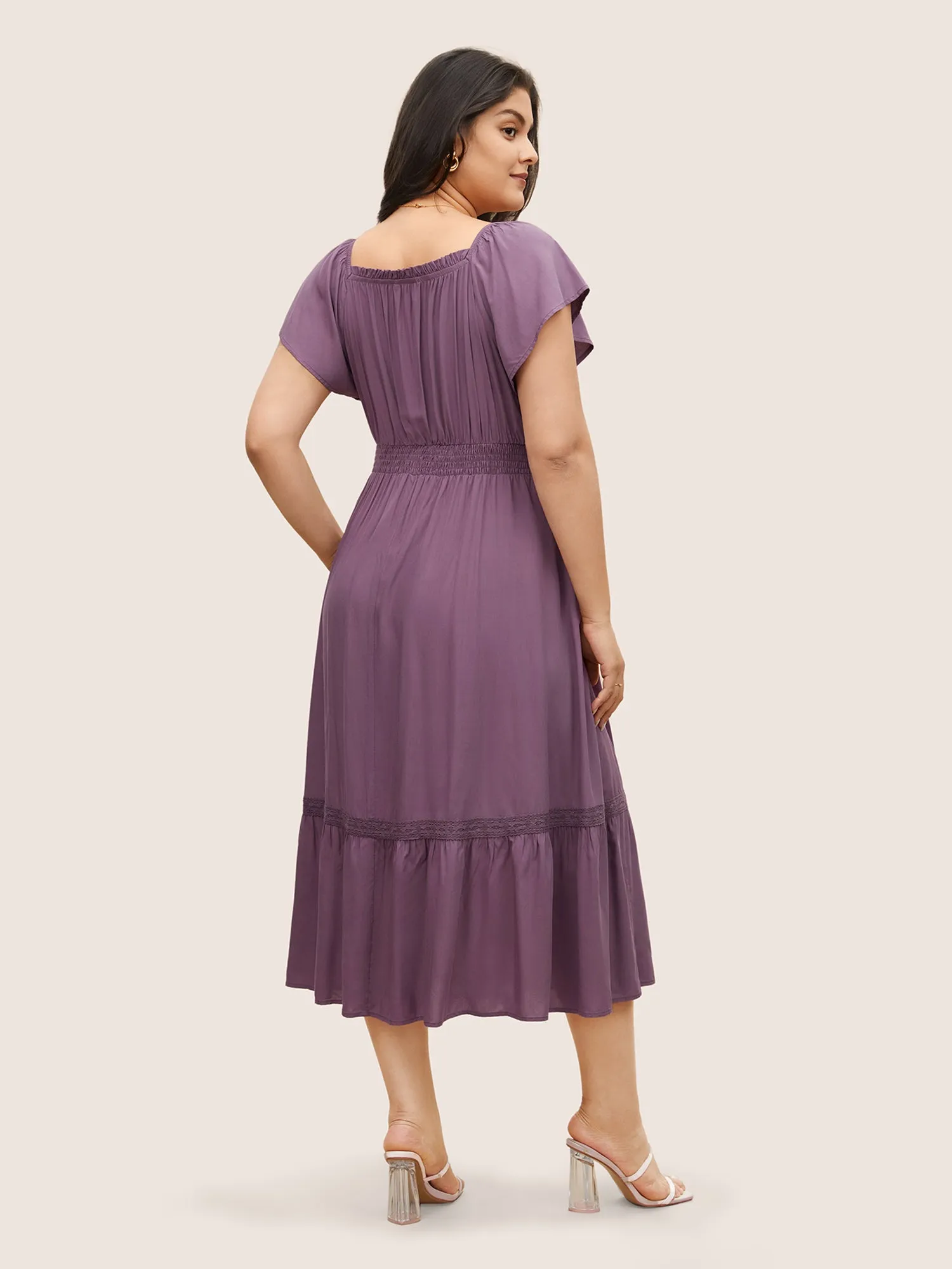 Solid Cap Sleeve Shirred Frill Trim Dress sold by Bloomchic product image thumbnail 3