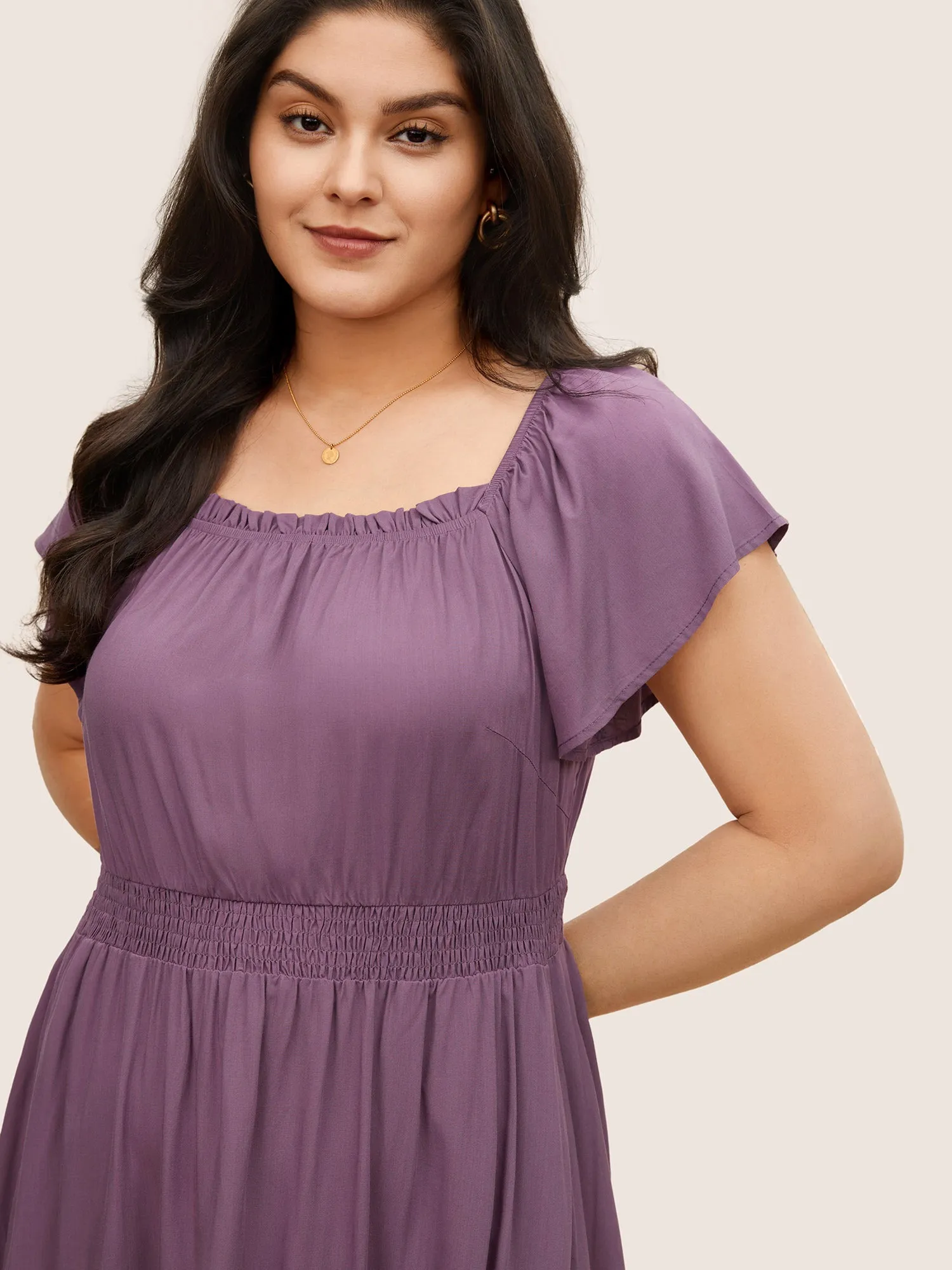 Solid Cap Sleeve Shirred Frill Trim Dress sold by Bloomchic product image thumbnail 4