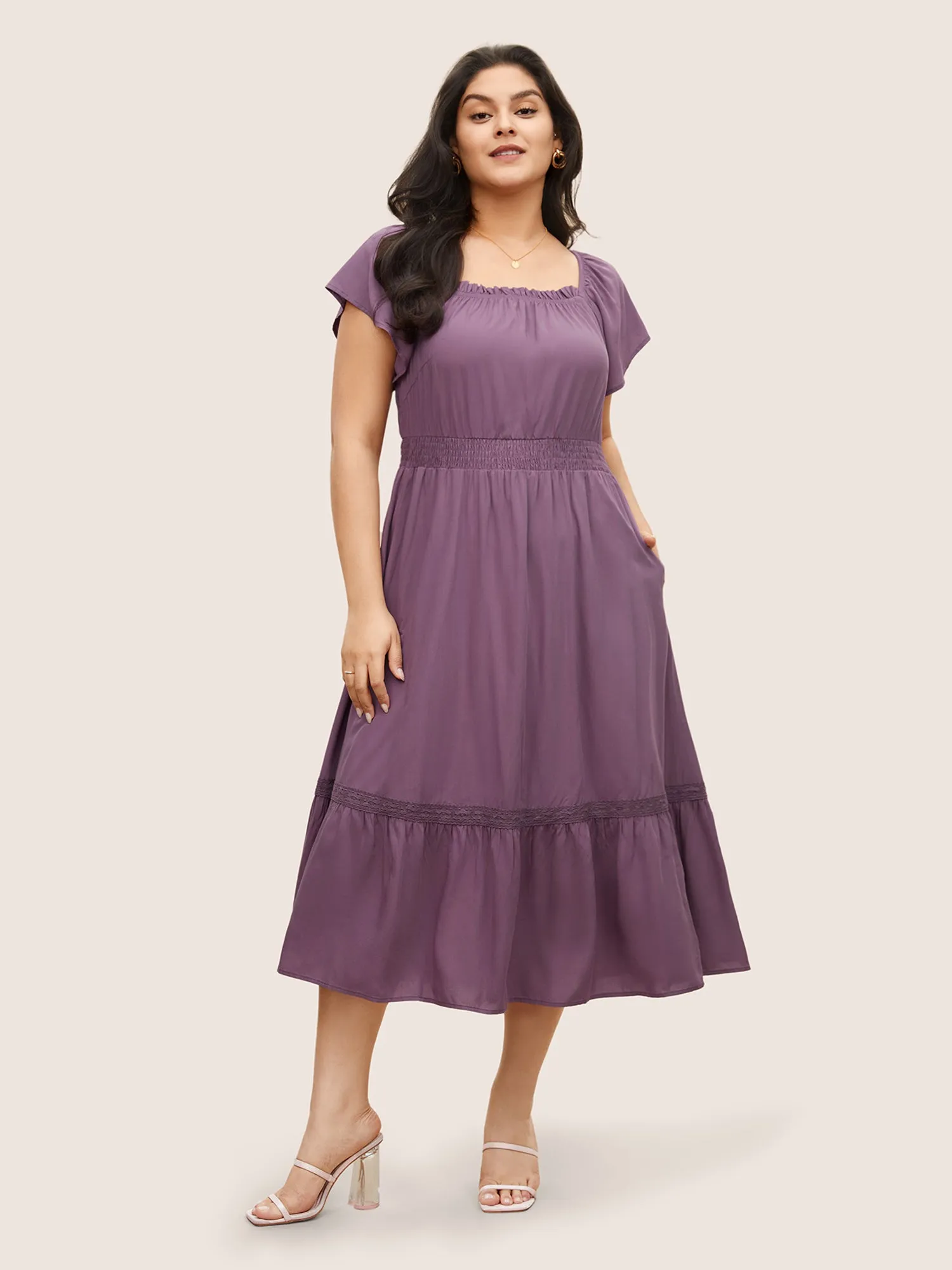 Solid Cap Sleeve Shirred Frill Trim Dress sold by Bloomchic