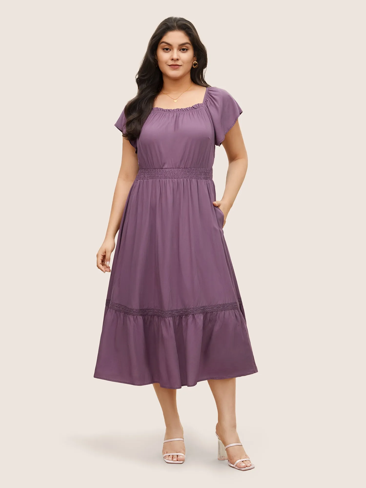 Solid Cap Sleeve Shirred Frill Trim Dress sold by Bloomchic product image thumbnail 2
