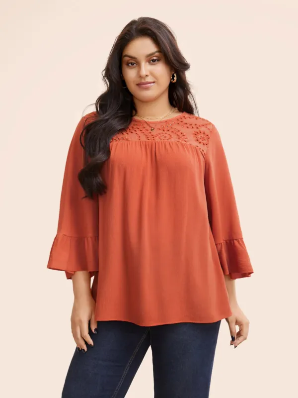 Broderie Anglaise Patchwork Ruffle Sleeve Blouse sold by Bloomchic