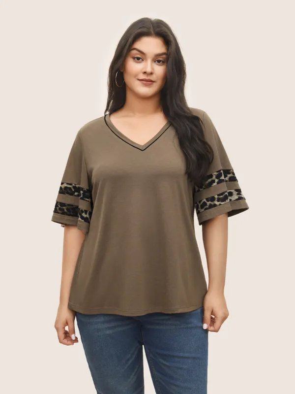 Leopard Print Patchwork Ruffle Sleeve T-shirt sold by Bloomchic
