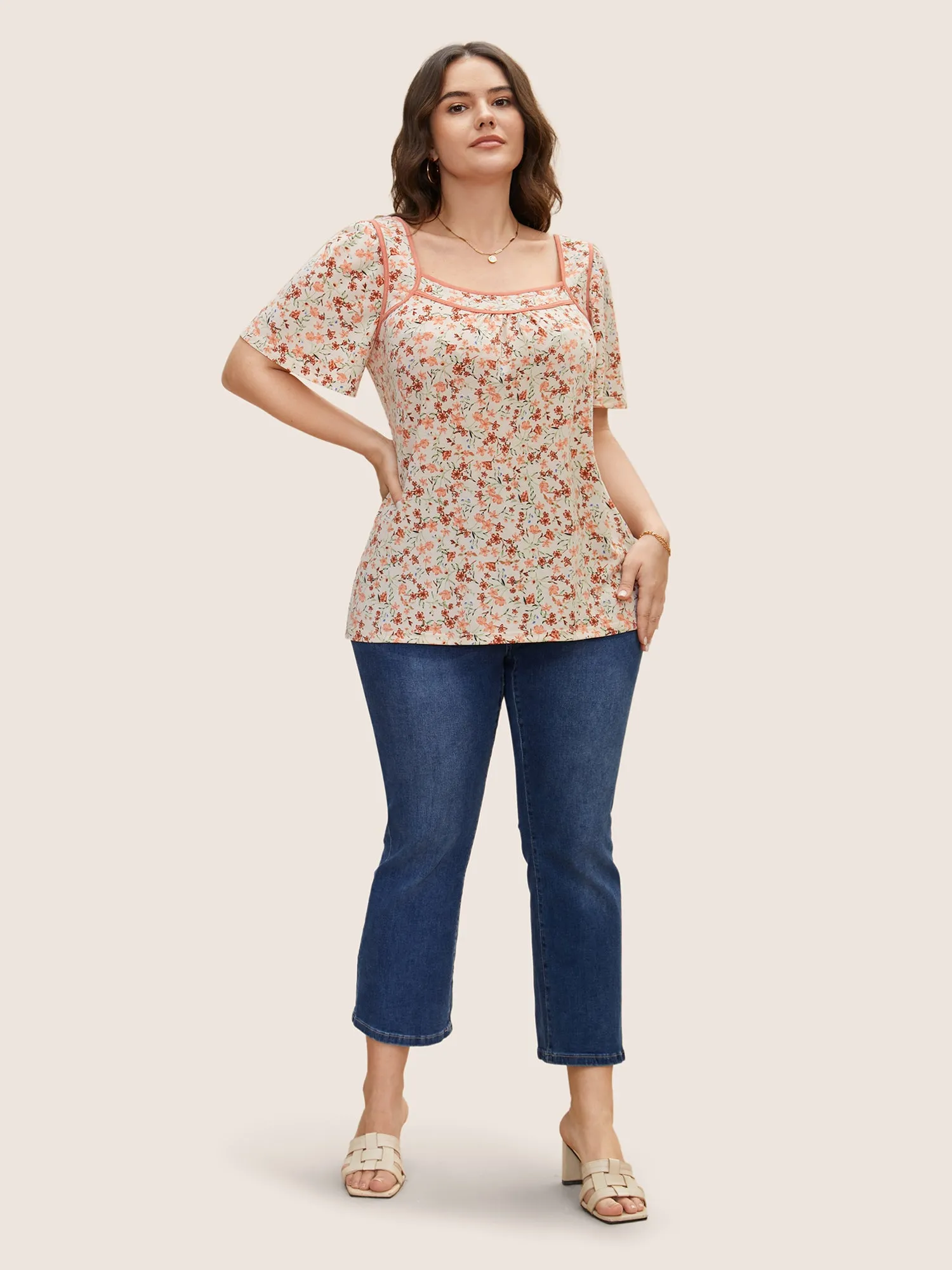 Square Neck Ditsy Floral Contrast Trim T-shirt sold by Bloomchic product image thumbnail 2