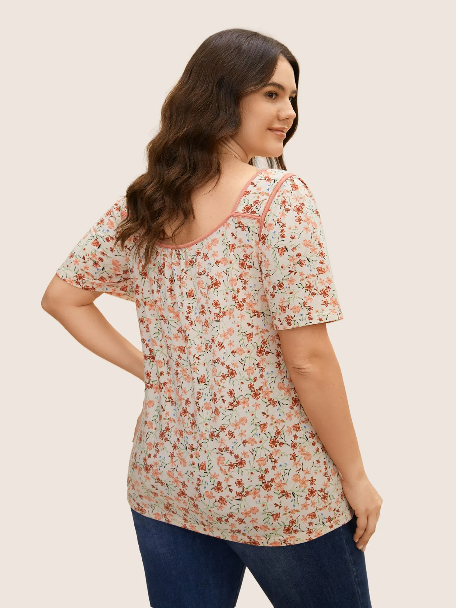 Square Neck Ditsy Floral Contrast Trim T-shirt sold by Bloomchic product image thumbnail 4