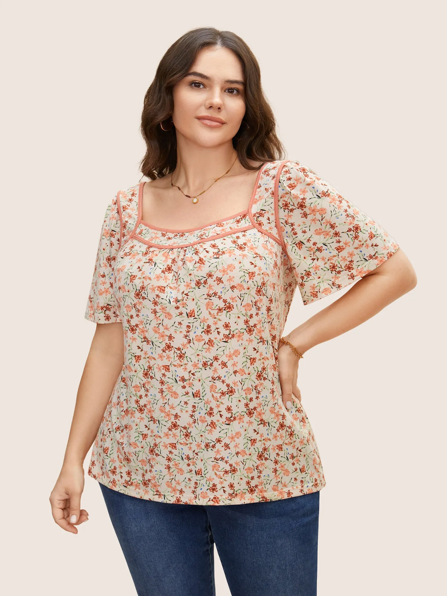 Square Neck Ditsy Floral Contrast Trim T-shirt sold by Bloomchic
