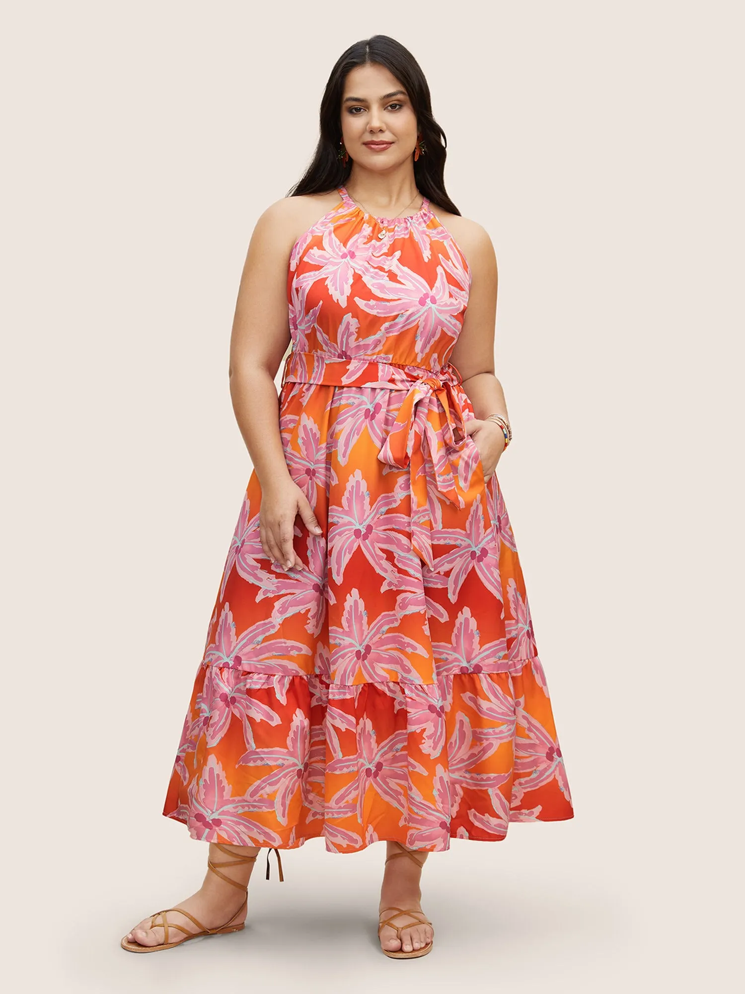 Tropical Hand Painted Halter Belt Gathered Dress sold by Bloomchic product image thumbnail 3
