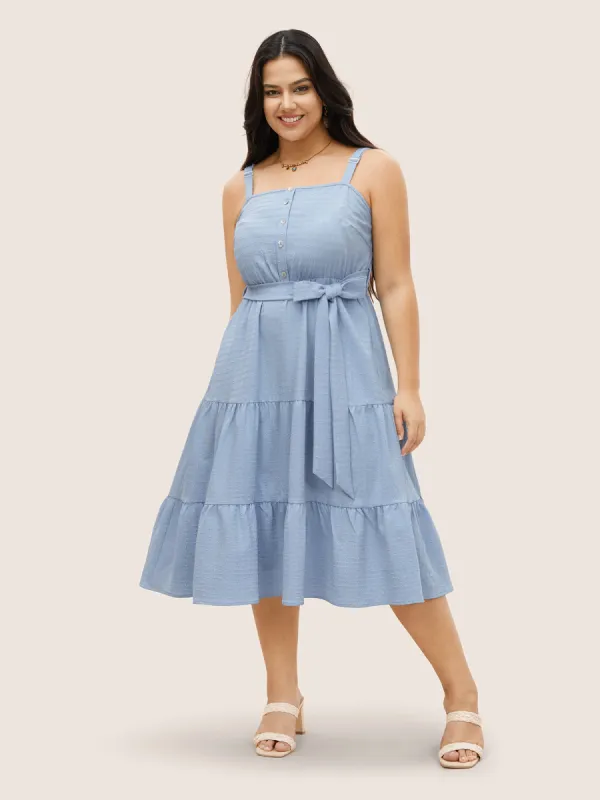 Plain Textured Ruffle Layered Hem Belted Dress sold by Bloomchic