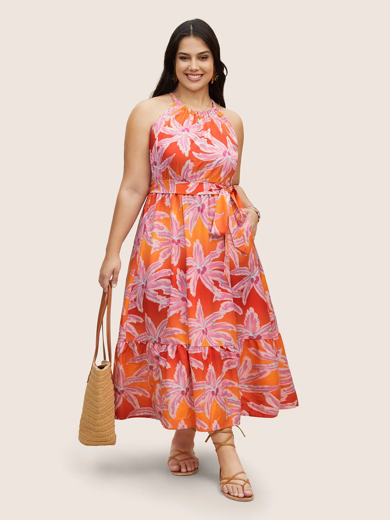 Tropical Hand Painted Halter Belt Gathered Dress sold by Bloomchic