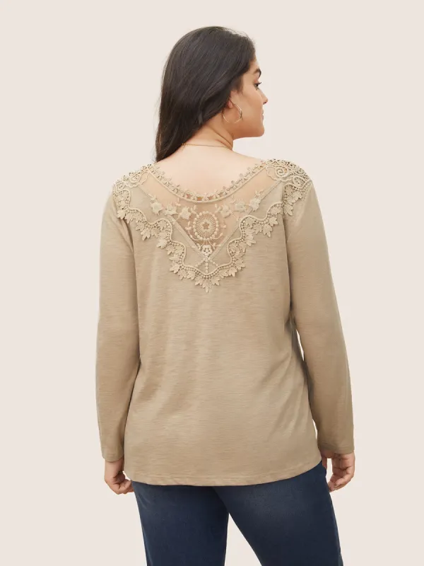 Plain Heather Lace Mesh Patchwork T-shirt sold by Bloomchic